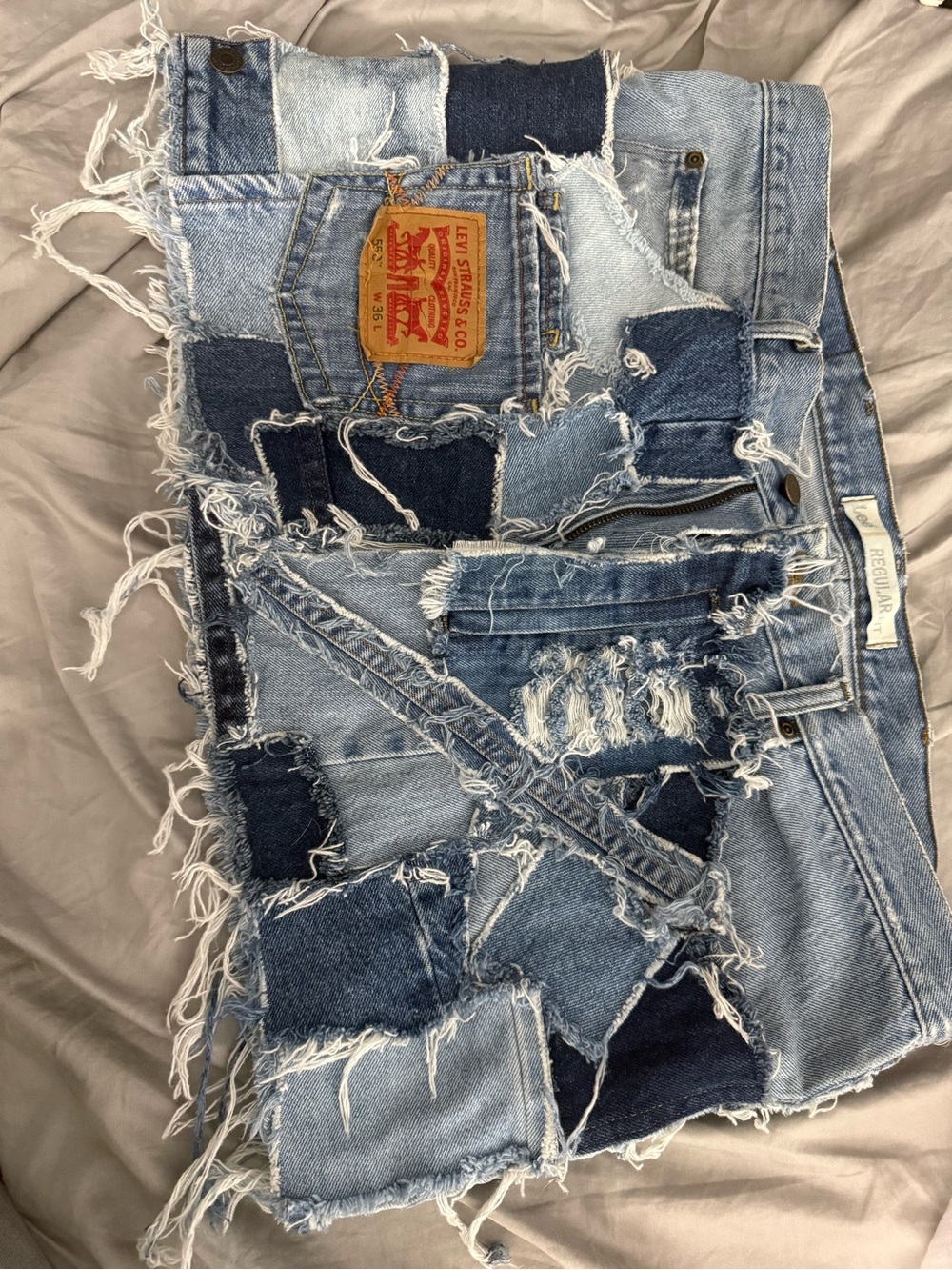 Levi's Mixed Blue Patchwork Distressed Denim Mini Skirt